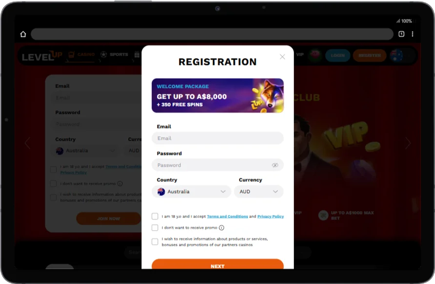 Registration via LevelUp Casino App