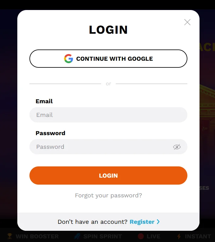 Login form for Level Up Casino via fields or Google